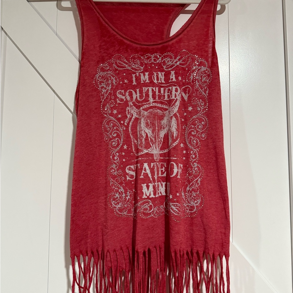 Red Fringe Tank Top with Western Graphic